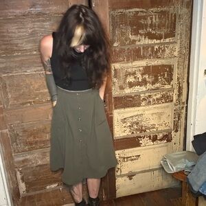 Olive Green Button-Front Skirt